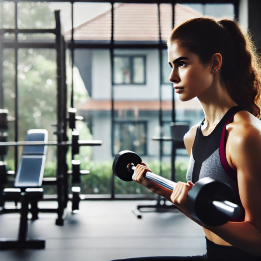 Junge Frau beim Krafttraining im Fitnessstudio.